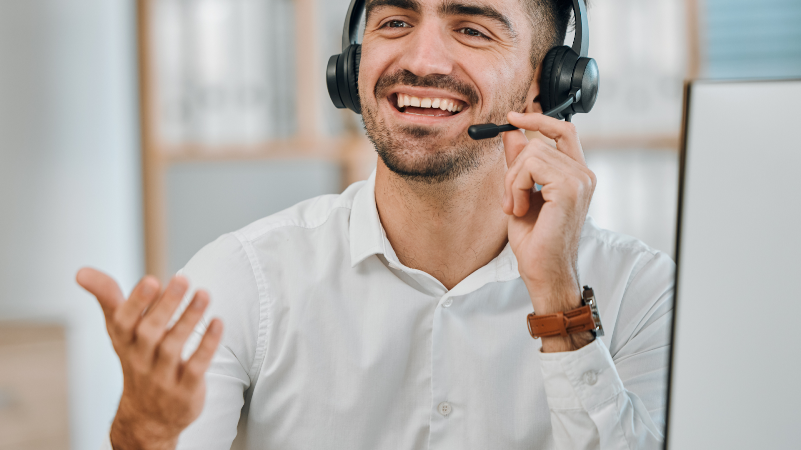 Caller wearing a headset during a business conversation