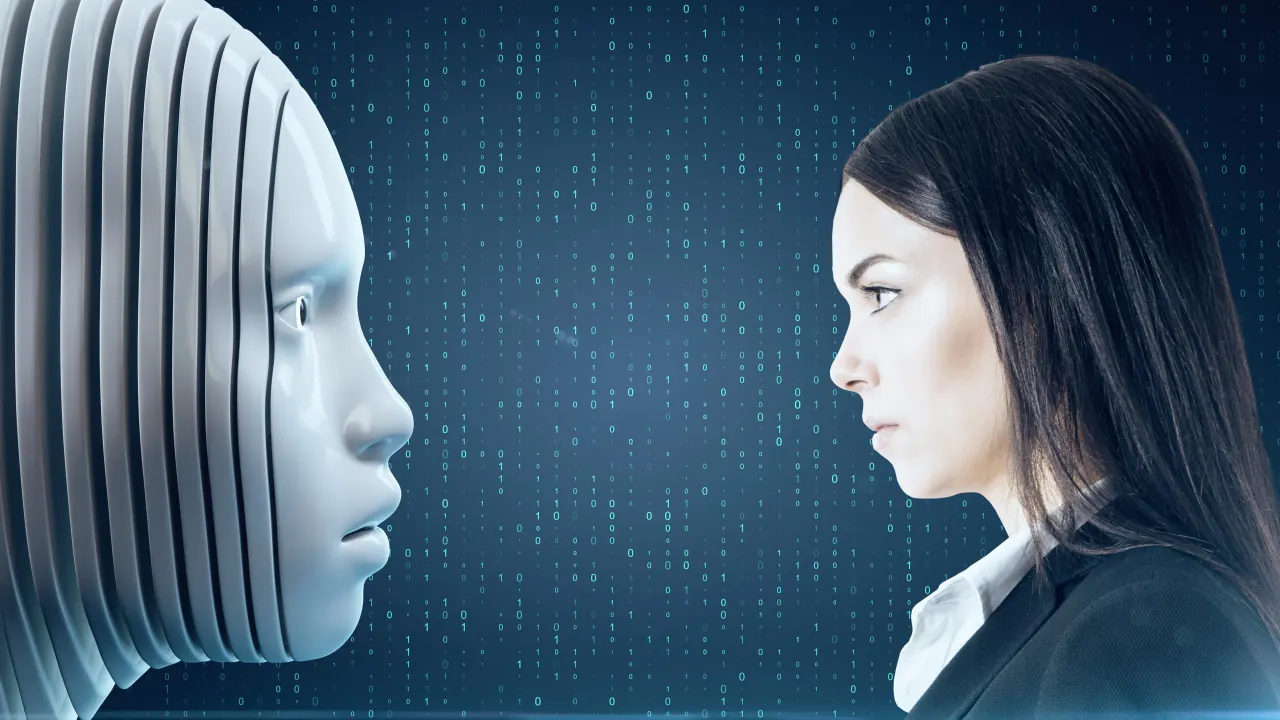 Humanoid AI head facing a woman, illustrating AI lead generation vs. SDRs