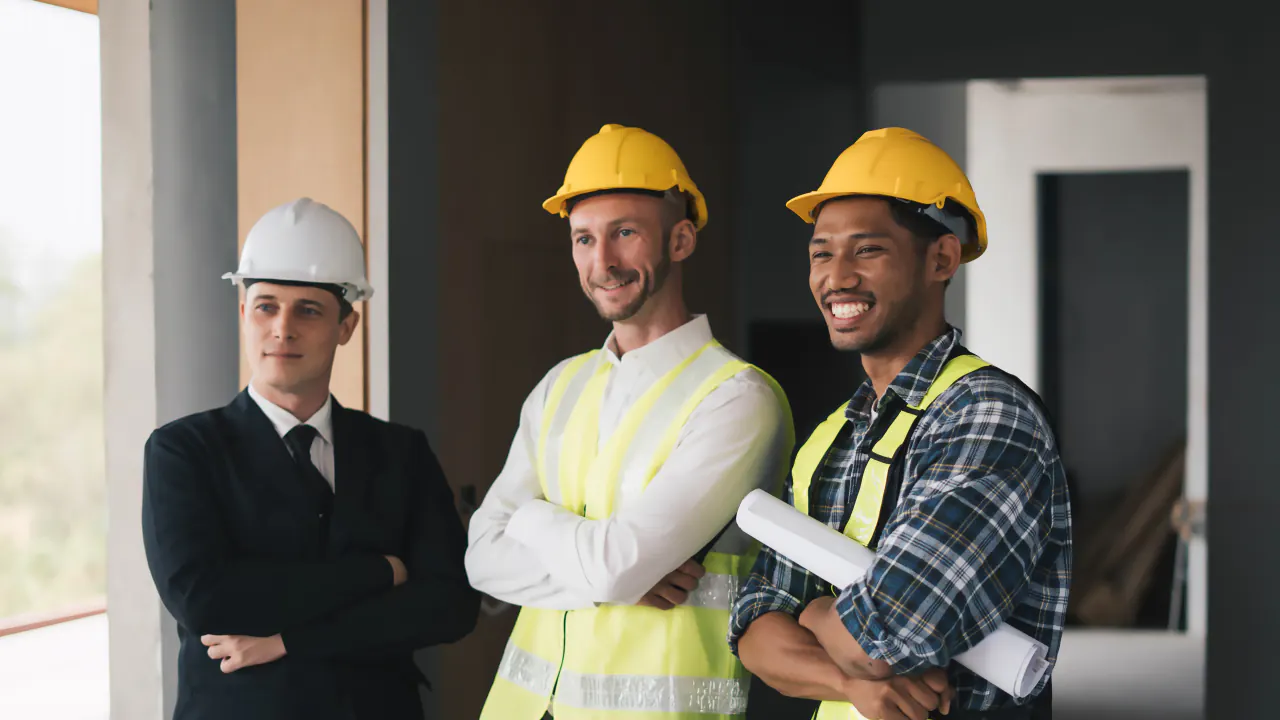 Contractors in hard hats and a manager with blueprints, illustrating lead generation companies for contractors