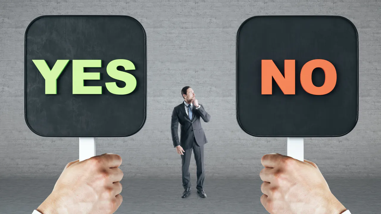 Small figure between Yes and No signs, illustrating the choice among Callbox alternatives for B2B appointment setting