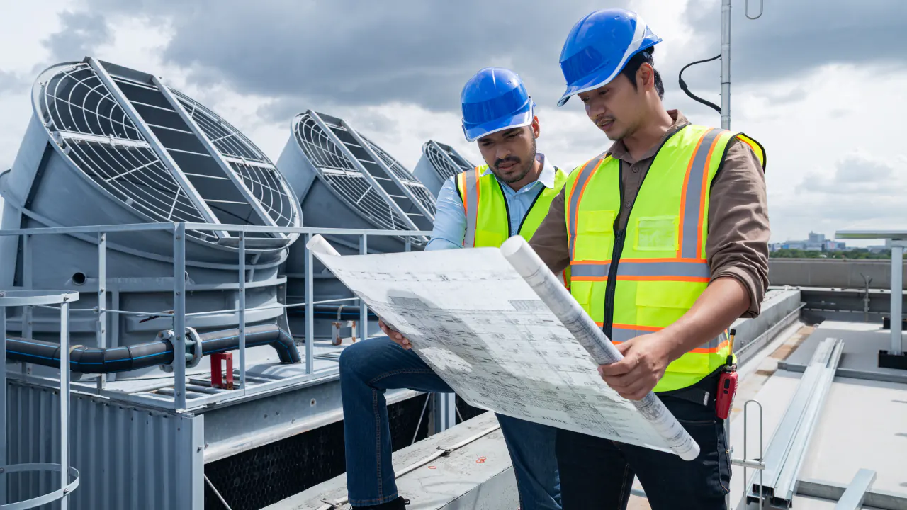 Two commercial HVAC workers reviewing blueprints on a roof, illustrating how to compare HVAC lead generation services