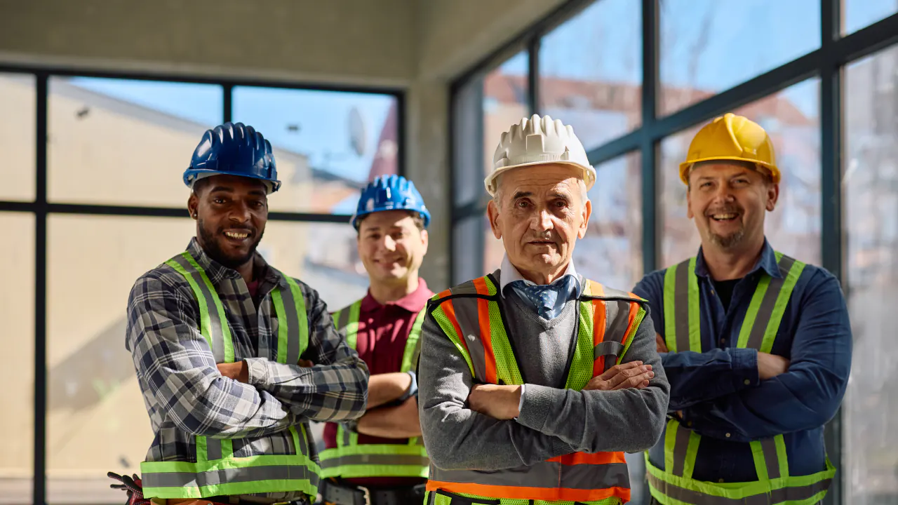 Four smiling crew members in hard hats and vests, illustrating the commercial restoration appointment setting case study