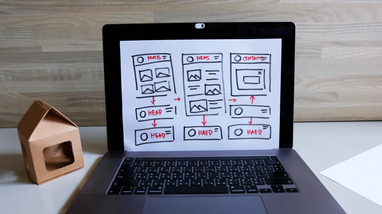 Laptop showing website wireframes, illustrating a lead generation website