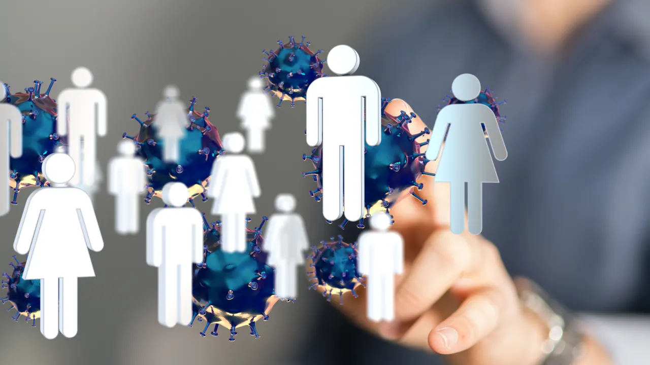 Human figures among virus particles being picked out by a hand, illustrating lead segmentation