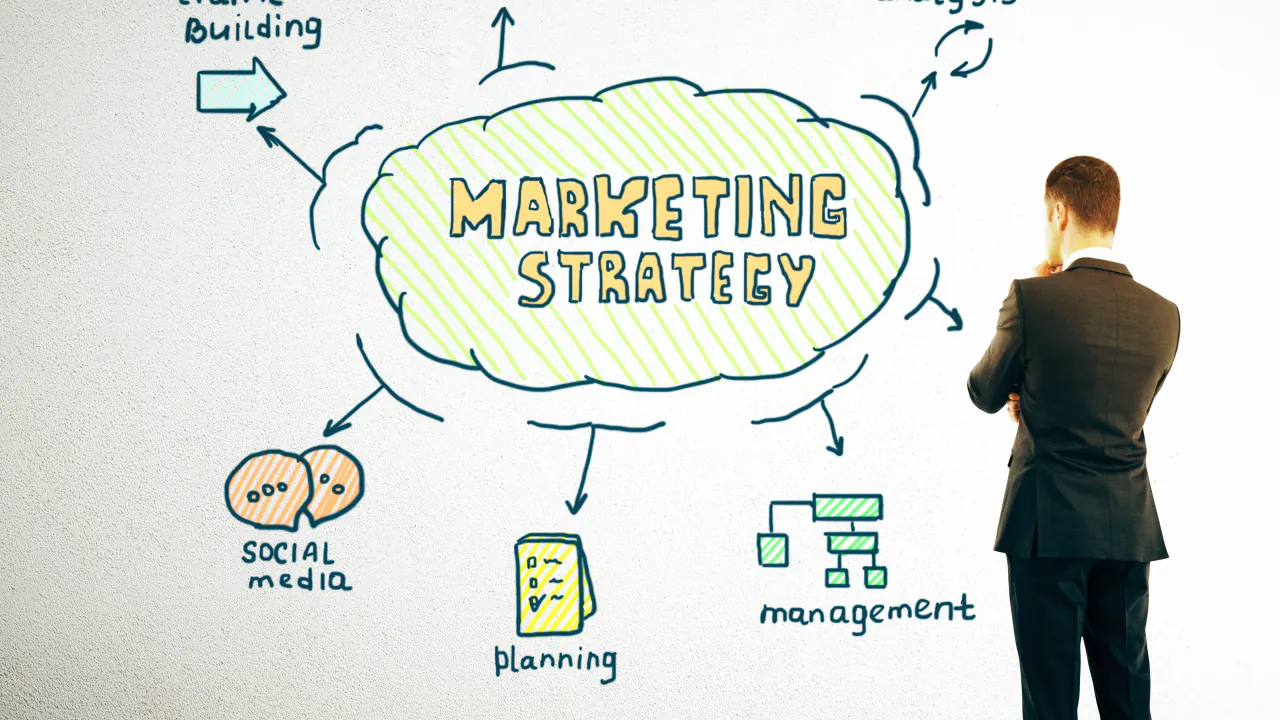 Businessman studying a marketing strategy mind map, illustrating the rule of four in B2B marketing