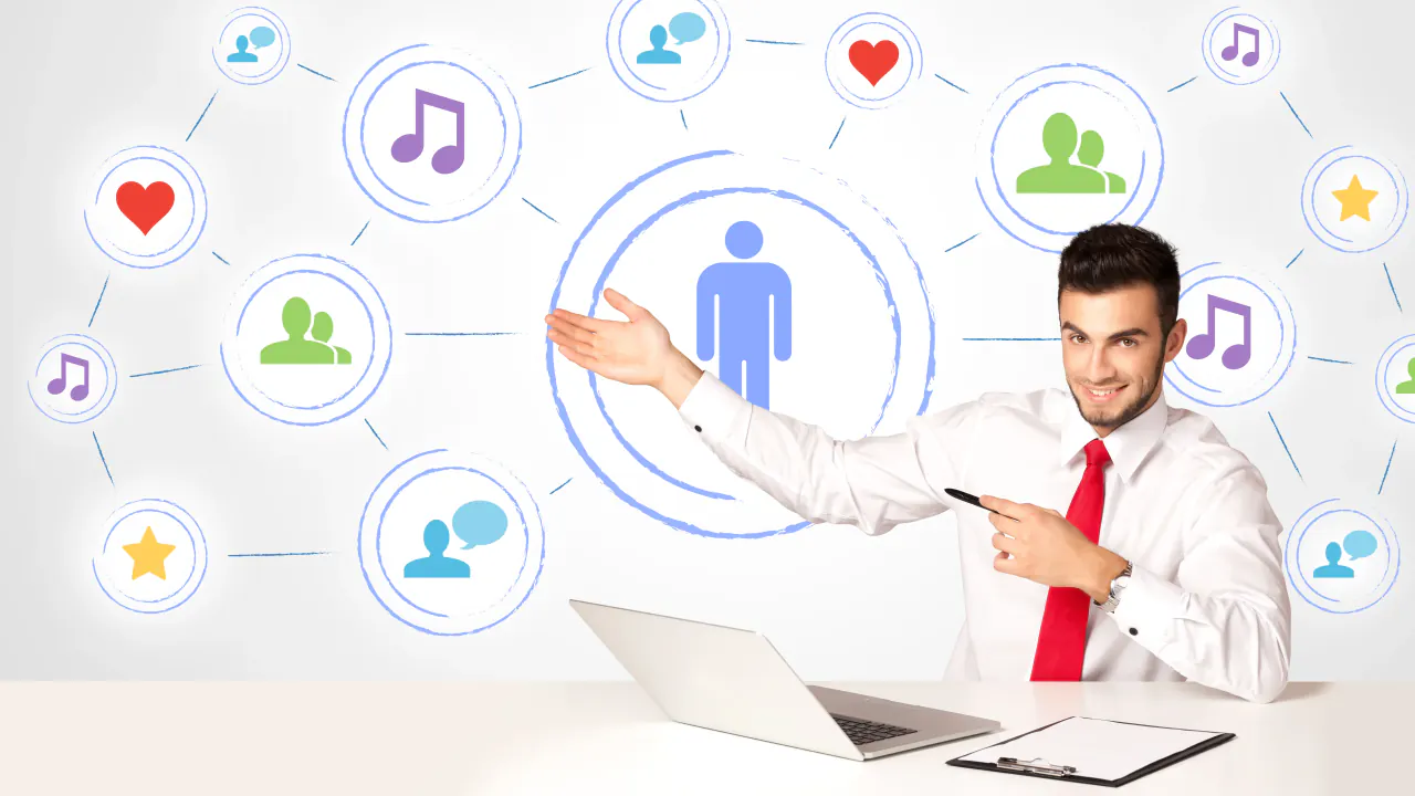 Salesman presenting customer icons on a social network diagram, illustrating sales lead management