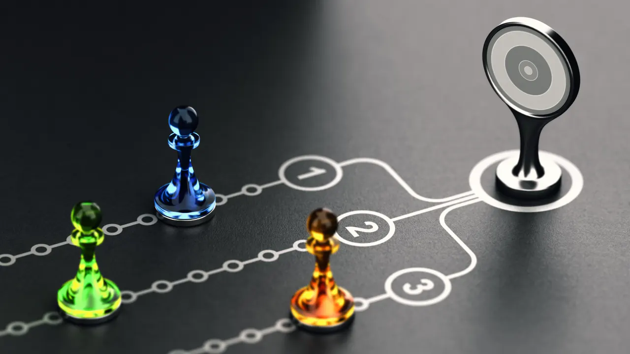 Chess pawns moving along numbered stages toward a target, illustrating the sales pipeline